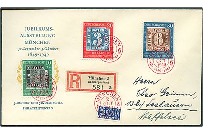 Komplet sæt Frimærkejubilæum og 2 pfg. Berlin Notopfer på anbefalet udstillingskuvert stemplet München d. 2.10.1949. AFA 1400,- for mærker.