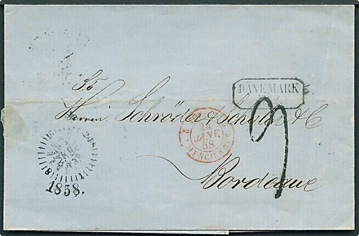 1858. Ufrankeret brev med kompasstempel Kiøbenhavn d. 21.1.1858 via Hamburg til Bordeaux, Frankrig. Rammestempel: Dänemark R.2. Flere stempler.