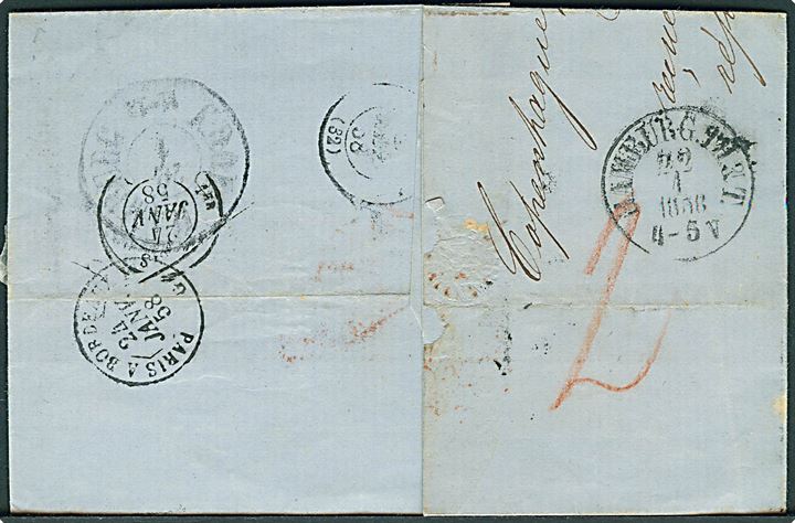 1858. Ufrankeret brev med kompasstempel Kiøbenhavn d. 21.1.1858 via Hamburg til Bordeaux, Frankrig. Rammestempel: Dänemark R.2. Flere stempler.