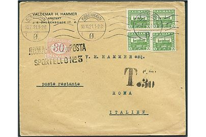 10 øre Genforening (4) på brev fra København d. 10.11.1921 til Poste Restante i Rom, Italien. Sort portostempel og påsat italiensk 30 cts portomærke.