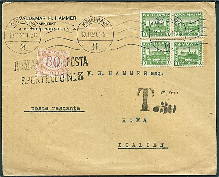10 øre Genforening (4) på brev fra København d. 10.11.1921 til Poste Restante i Rom, Italien. Sort portostempel og påsat italiensk 30 cts portomærke.