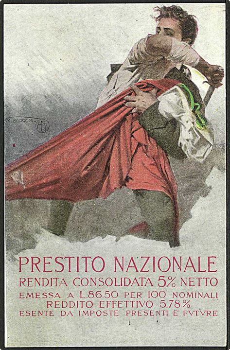 1. Verdenskrig. Fortrykt illustreret patriotisk feltpostbrevkort med konge citat og reklame for krigslån. (Ist. It. D'Arti Grafiche - Bergamo). Ubrugt.