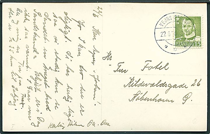 15 øre Fr. IX på brevkort (Vejrs Strand) annulleret med brotype IIc Vejrs Strand sn1 d. 22.6.1950 til København. Sommerpostekspedition.