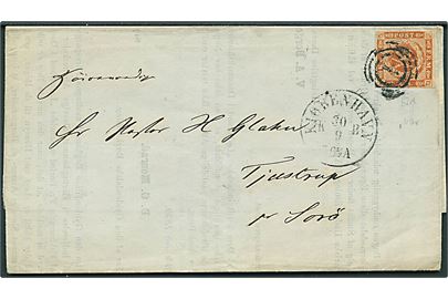 4 sk. 1854 udg. med papirfold i NØ hjørne på brev annulleret med nr.stempel 1 og sidestemplet Kiøbenhavn d. 30.9.1859 til Sorø.