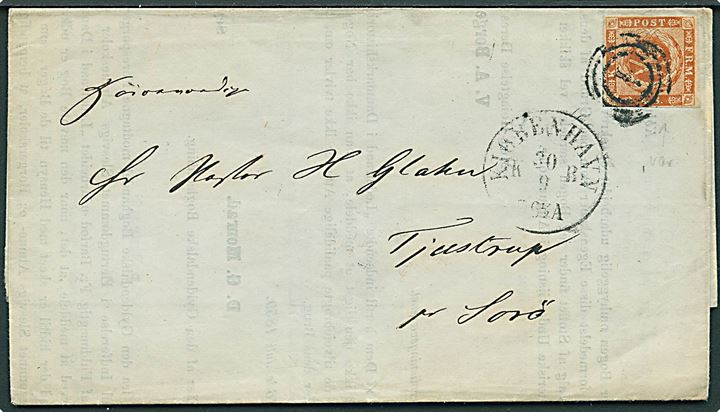 4 sk. 1854 udg. med papirfold i NØ hjørne på brev annulleret med nr.stempel 1 og sidestemplet Kiøbenhavn d. 30.9.1859 til Sorø.