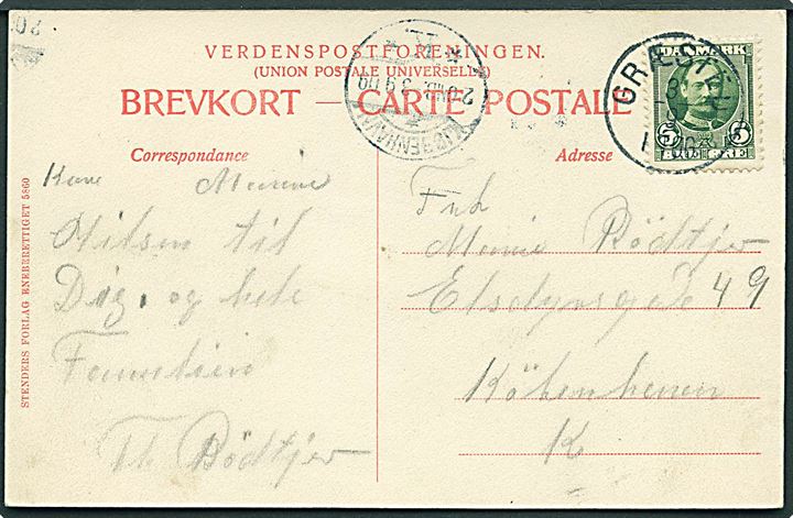 5 øre Fr. VIII på brevkort (Raageleje Villaby) annulleret med lapidar Græsted d. 3.9.1909 til Kjøbenhavn.