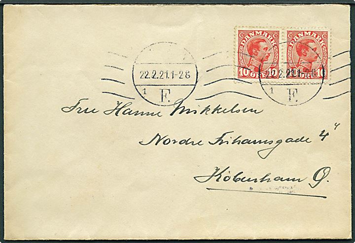 10 øre Chr. X i parstykke på kurérpost brev fra Warszawa stemplet København d. 22.2.1921 til København.