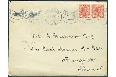 10 øre Chr. X i parstykke på brev fra Kjøbenhavn d. 10.2.1917 til Bangkok, Siam. Åbnet af britisk censur no. 897. Bagklap mgl.