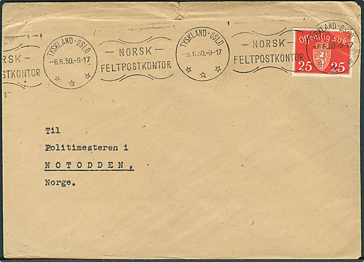 25 øre Tjenestemærke på brev annulleret med TMS Norsk Feltpostkontor / Tyskland-Oslo d. 6.6.1950 til Notodden, Norge. Fra den norske brigade i Tyskland.