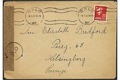 20 øre Løve single på brev fra Oslo d., 9.1.1945 til Helsingborg, Sverige. Åbnet af tysk censur i Oslo med neutral banderole og Ao censurstempel.