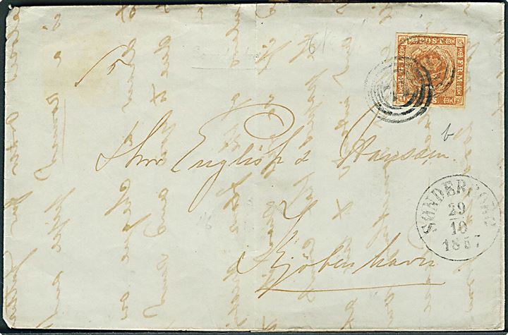 4 sk. 1854 udg. på brev annulleret med nr.stempel 71 og sidestemplet antiqua Sønderborg d. 29.10.1857 til Kjøbenhavn.