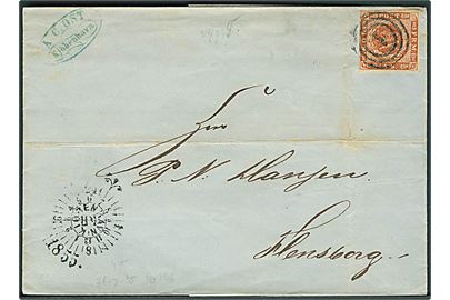 4 sk. 1854 udg. på brev annulleret med nr.stempel 1 og sidestemplet med Kjøbenhavn kompasstempel d. 26.7.1855 til Flensburg.