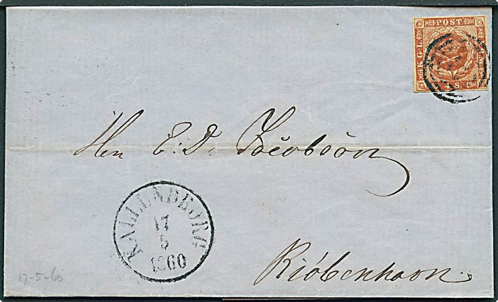 4 sk. 1854 udg. på brev annulleret med nr.stempel 32 og sidestemplet antiqua Kallundborg d. 17.5.1860 til Kjøbenhavn.