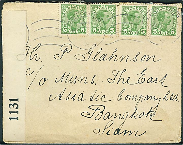 5 øre Chr. X (4) på brev fra Hellerup d. 18.3.1917 til Bangkok, Siam. Åbnet af britisk censur no. 1131.