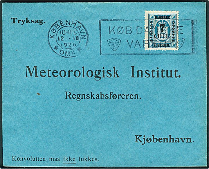7/4 øre Provisorium på tryksag fra København d. 12.9.1926 til Meteorologisk Institut, København.