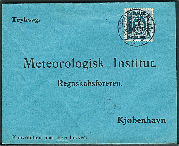 7/4 øre Provisorium på tryksag annulleret med svagt stjernestempel og sidestemplet Thisted d. 15.9.1926 til Meteorologisk Institut, Kjøbenhavn.