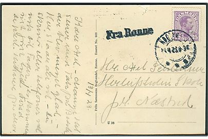 15 øre Chr. X på brevkort stemplet København d. 14.4.1923 og sidestemplet Fra Rønne til Herlufsholm pr. Næstved.