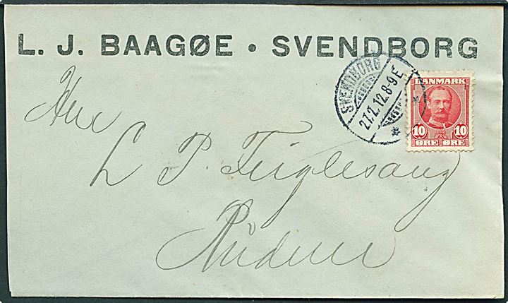 10 øre Fr. VIII på brev fra Svendborg d. 27.2.1912 til Rudme.