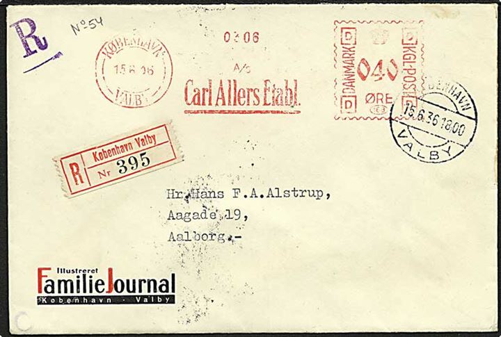 40 øre privat firmafranko A/S Carl Allers Etabl. frankeret anbefalet brev fra København Valby d. 15.6.1936 til Aalborg.
