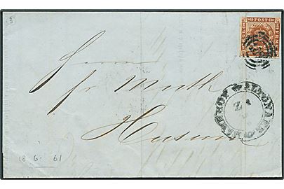 4 sk. 1858 udg. på brev annulleret med nr.stempel 168 og sidestemplet Altonaer Bahnhof d. 18.6.1861 til Husum.
