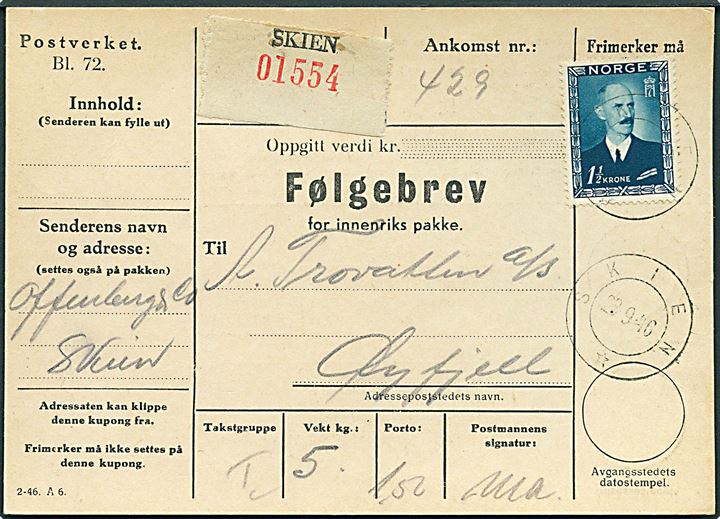 1½ kr. Haakon single på adressekort for pakke fra Skien d. 28.9.1946 til Øyfjell.
