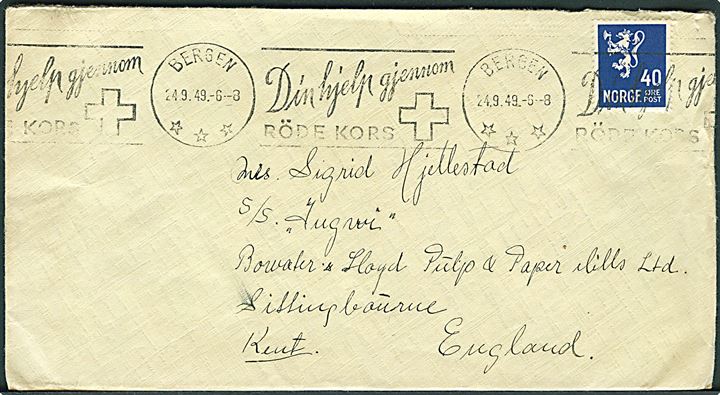 40 øre Løve på brev annulleret med TMS Din hjelp gjennom Röde Kors/Bergen d. 24.9.1949 til sømand i Sittingbourne, England.