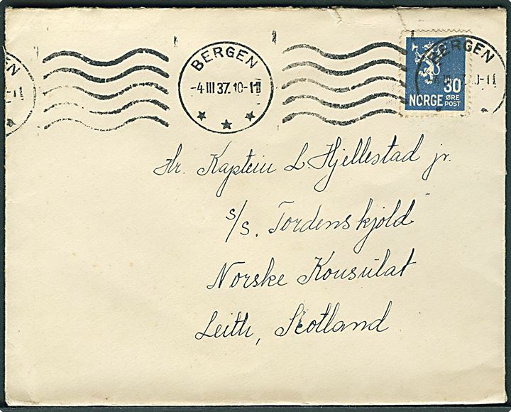 30 øre Løve på brev fra Bergen d. 4.3.1937 til sømand ombord på S/S Tordenskjold i Leith, Scotland.