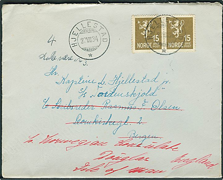 15 øre Løve i parstykke på brev fra Hjellestad d. 23.8.1934 til sømand ombord på S/S Tordenskjold via rederi i Bergen - eftersendt til Douglas, Isle of Man, England.