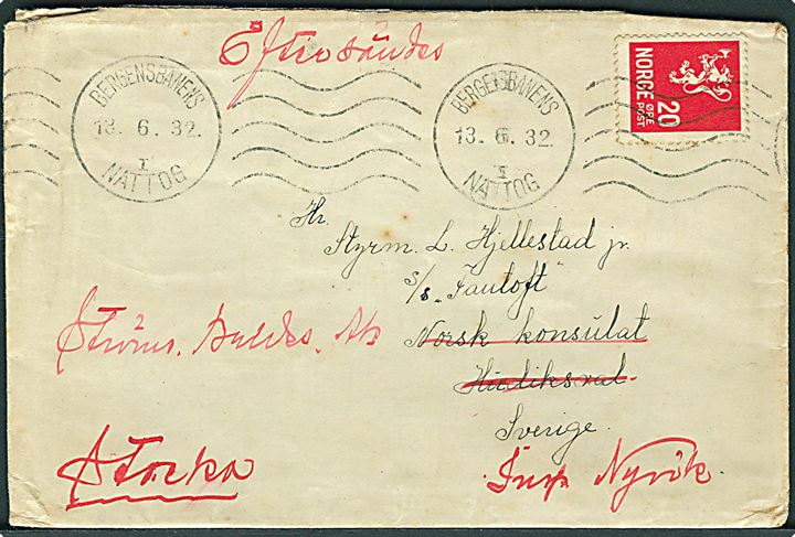 20 øre Løve på brev annulleret med maskinstempel Bergensbanens Nattog I d. 13.6.1932 til sømand ombord på S/S Fantoft i Hudiksvall, Sverige - eftersendt.