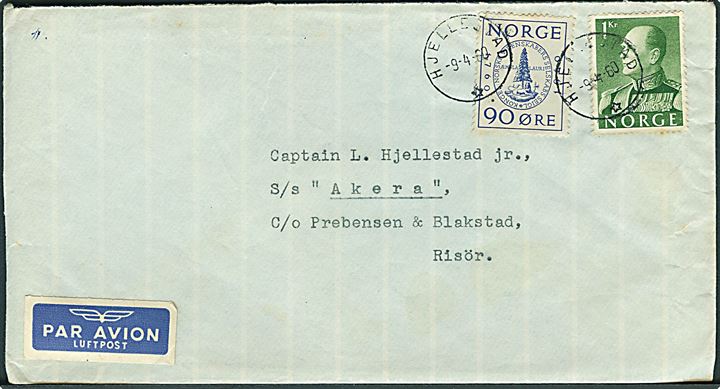 90 øre Kgl. Videnskabers Selskab og 1 kr. Olav på luftpostbrev fra Hjellestad d. 9.4.1960 til sømand ombord på S/S Akera i Risør.