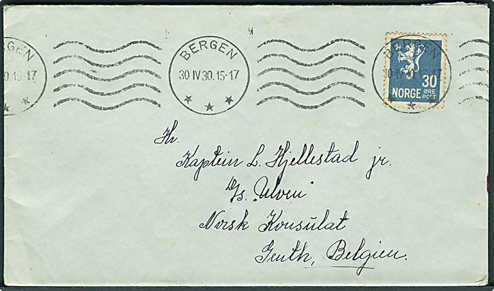 30 øre Løve på brev fra Bergen d. 30.4.1930 til sømand ombord på S/S Ulven, Norsk Konsulat i Gent, Belgien.