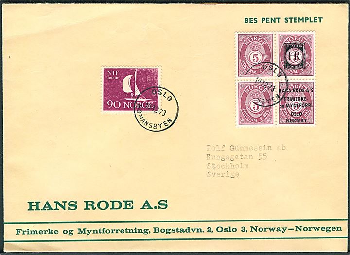 90 øre NIF og 5 øre Posthorn i fireblok med privat tiltryk fra Hans Rode A/S på brev fra Oslo Homansbyen d. 10.12.1973 til Stockholm, Sverige.