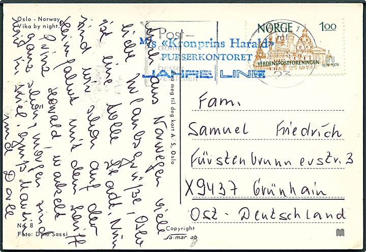 1 kr. UPU på brevkort annulleret med tysk stempel i Kiel d. 9.9.1976 og sidestemplet med privat skibsstempel M/S Kronprins Harald Purserkontoret Jahre Line til Grünhain, Tyskland.