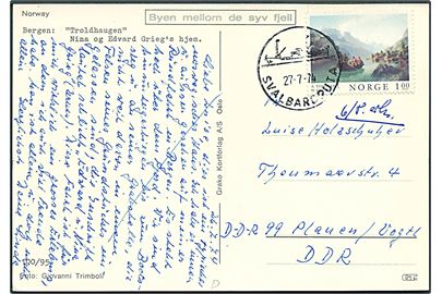 1 kr. på brevkort annulleret med skibsstempel Svalbartruta d. 27.7.1974 til Plauen, DDR.