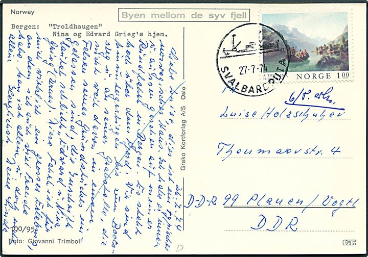 1 kr. på brevkort annulleret med skibsstempel Svalbartruta d. 27.7.1974 til Plauen, DDR.