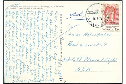 1 kr. på brevkort annulleret med skibsstempel Svalbartruta d. 26.7.1974 til Plauen, DDR.