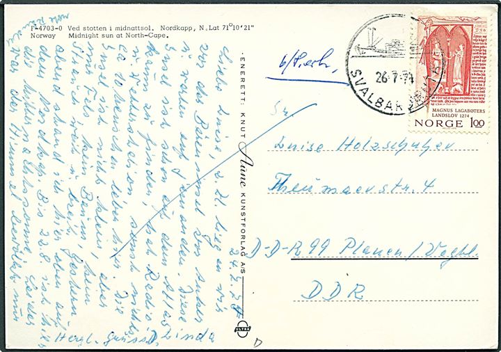 1 kr. på brevkort annulleret med skibsstempel Svalbartruta d. 26.7.1974 til Plauen, DDR.