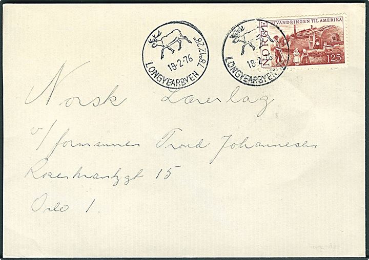 1,25 kr. på brev stemplet Longyearbyen d. 18.2.1976 til Oslo. Bagklap mgl.