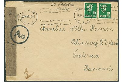 10 øre Løve i parstykke på brev fra Stavanger d. 27.10.1944 til Fredericia, Danmark. Åbnet af tysk censur med neutral banderole stemplet Ao.
