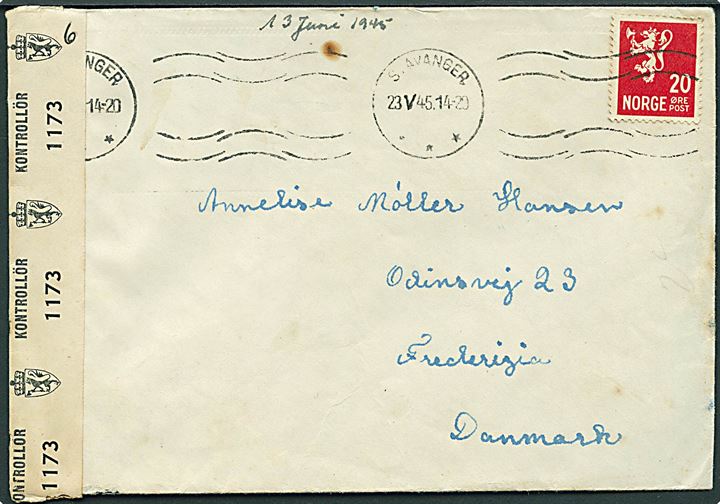 20 øre Løve på brev fra Stavanger d. 23.5.1945 til Fredericia, Danmark. Åbnet af norsk efterkrigscensur med banderole no. 1173.