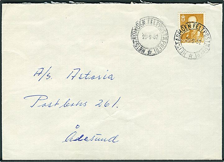 50 øre Olav på brev stemplet Heistadmoen Feltpoståpneri d. 20.9.1962 til Ålesund.