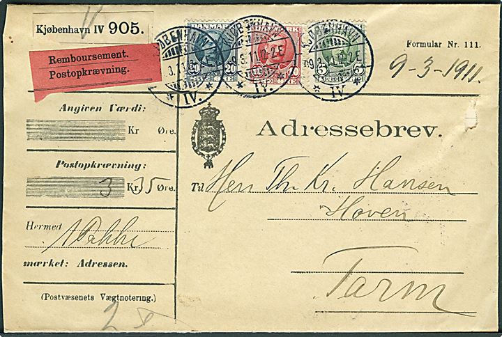 5 øre, 10 øre og 20 øre Fr. VIII på adressebrev for pakke med opkrævning fra Kjøbenhavn d. 9.3.1911 til Tarm. Skramme i højre side.