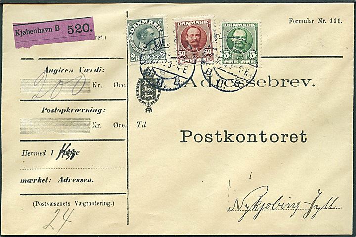 5 øre, 50 øre Fr. VIII og 2 kr. Chr. X på adressebrev for værdipakke fra Kjøbenhavn d. 20.12.1913 til Nykjøbing i Jylland.