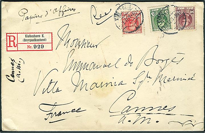 5 øre, 10 øre og 50 øre Fr. VIII på 2 vægtkl. fortrykt kuvert fra den Brasilianske Legation sendt anbefalet fra Kjøbenhavn d. 8.3.1912 til Cannes, Frankrig.
