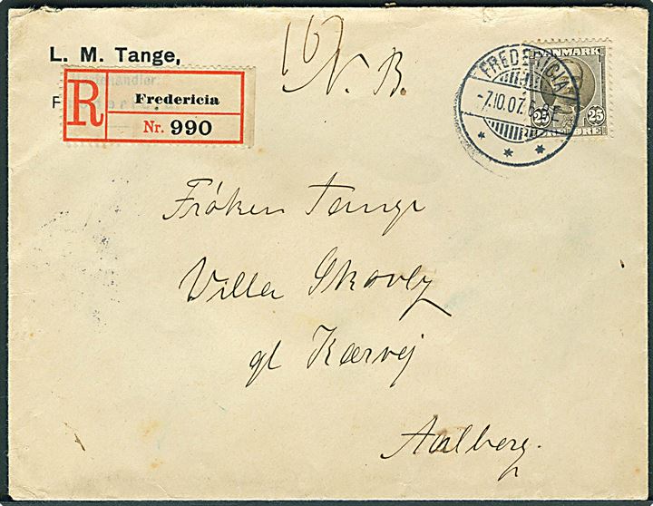 25 øre Fr. VIII single på anbefalet brev fra Fredericia d. 7.10.1907 til aalborg.