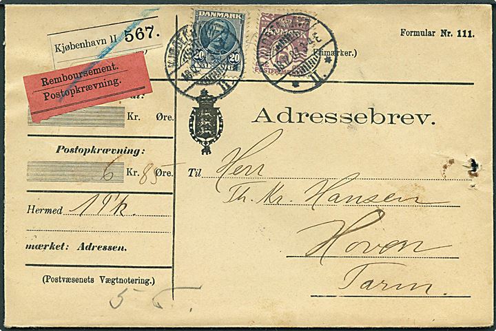 15 øre Bølgelinie og 20 øre Fr. VIII på adressebrev for pakke med opkrævning fra Kjøbenhavn d. 18.12.1907 til Tarm.