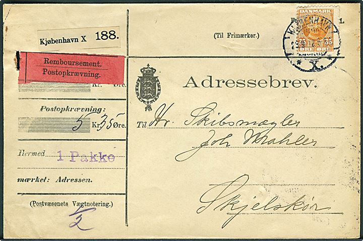 35 øre Fr. VIII single på adressebrev for pakke på opkrævning fra Kjøbenhavn d. 29.9.1912 til Skælskør.