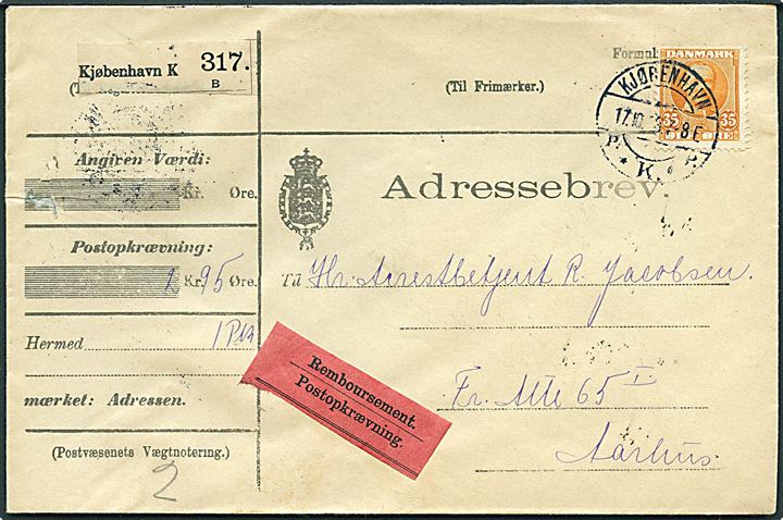 35 øre Fr. VIII single på adressebrev for pakke på opkrævning fra Kjøbenhavn d. 17.10.1913 til Aarhus.