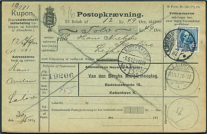 20 øre Fr. VIII single på retur postopkrævning fra Kjøbenhavn d. 29.5.1912 til Lejre.