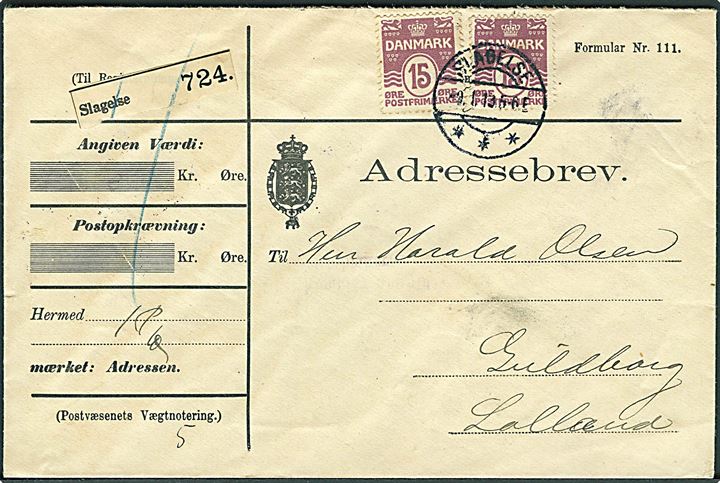 15 øre Bølgelinie (2) på adressebrev for pakke fra Slagelse d. 9.1.1913 via Nørre Alslev til Guldborg Lolland.